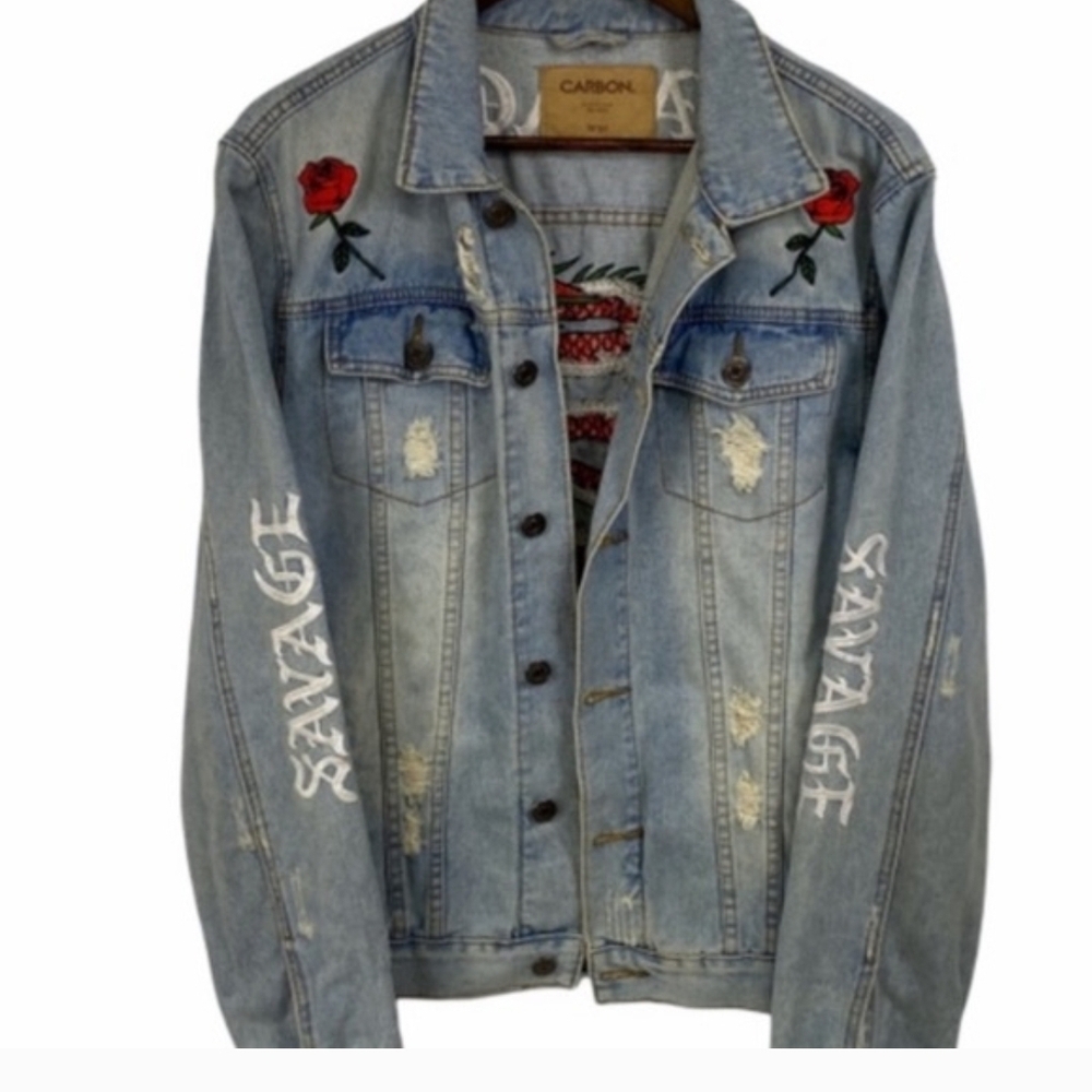 Carbon Savage Denim Jacket with Rose Embroidery